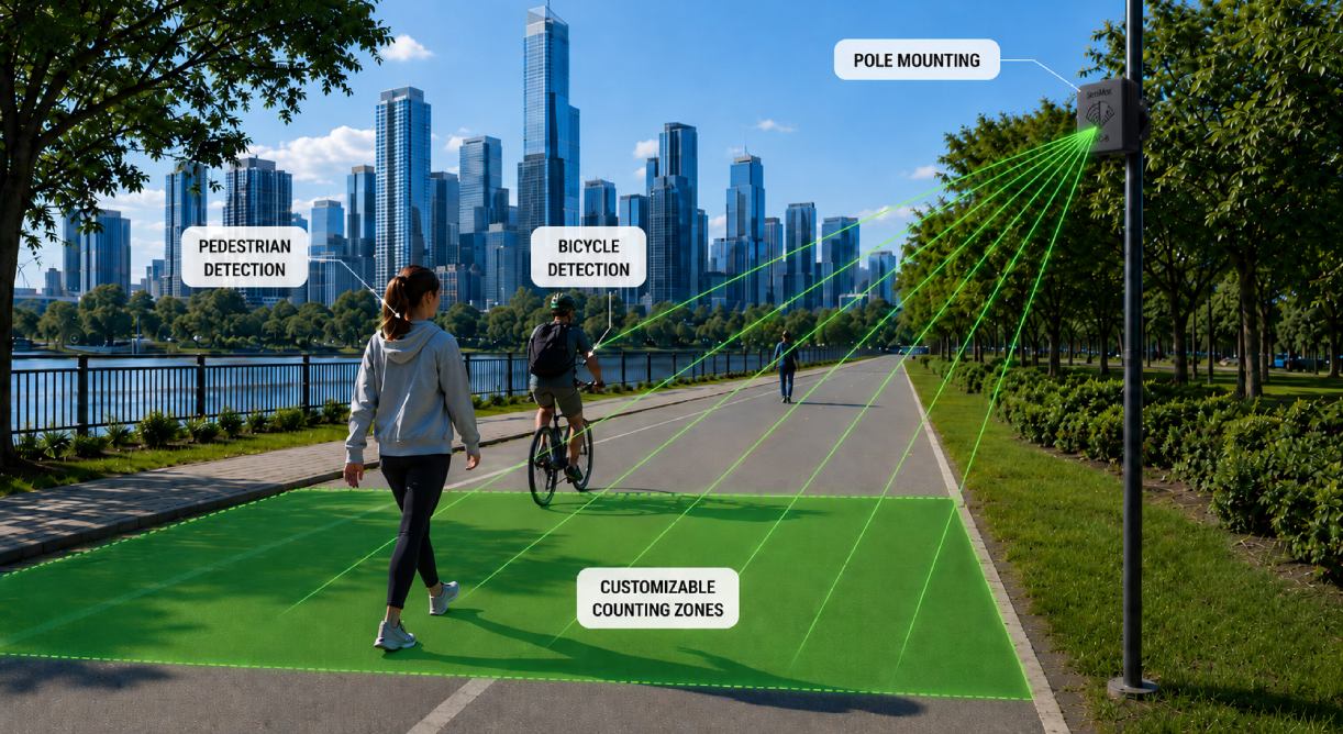 SensMax TAC-B EWP pour le comptage extérieur des piétons et des vélos avec installation sur poteau