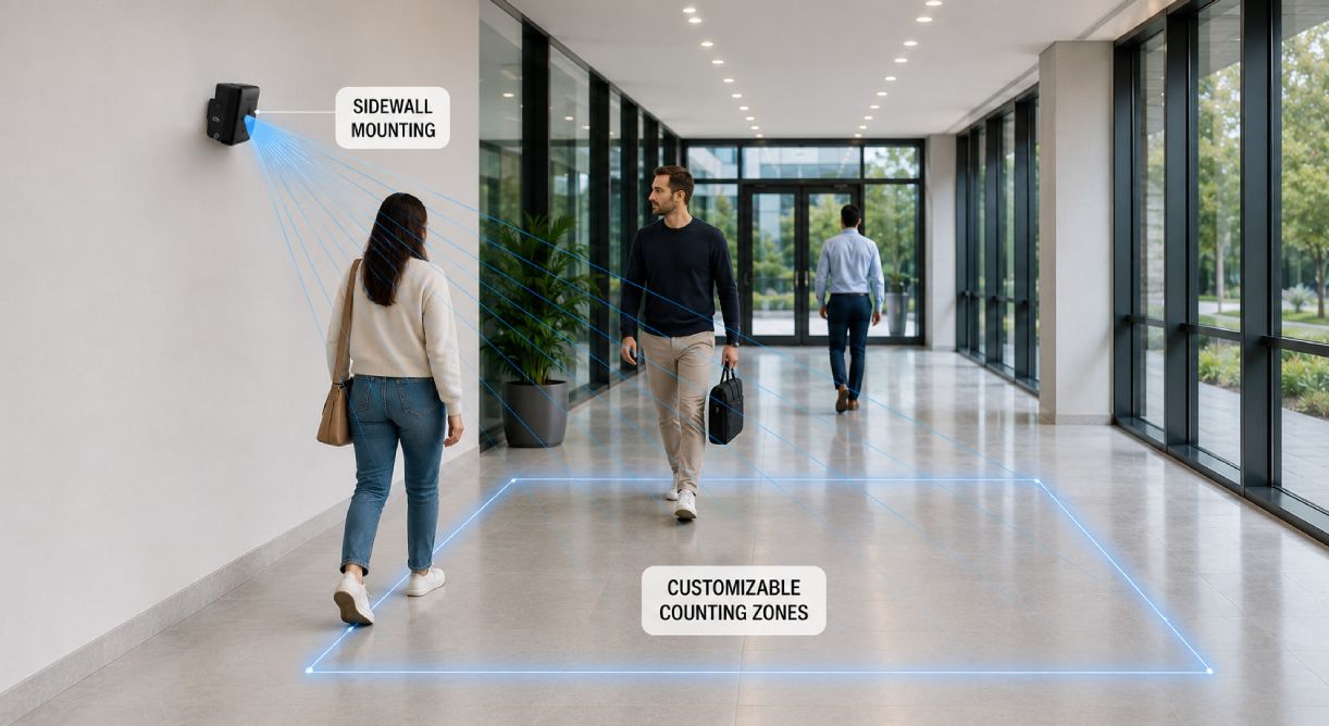 Capteur radar SensMax TAC-B EWP de comptage de personnes avec installation latérale