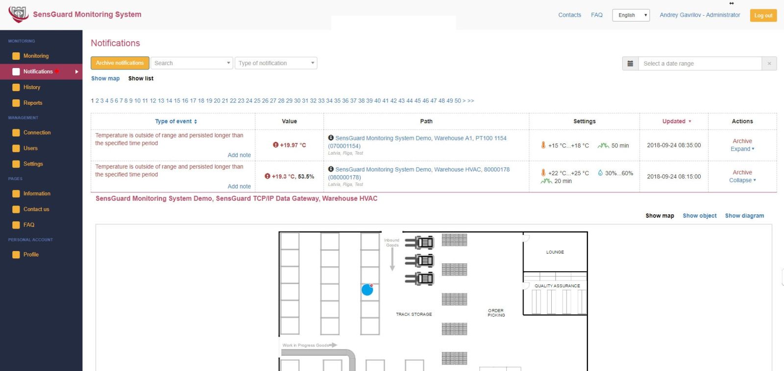 Vue du plan d’entrepôt avec capteurs répartis dans les allées et halls de stockage