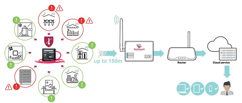 Comment le capteur de température sans fil SensMax PT100 avec sonde transmet les relevés via une passerelle vers SensWeb